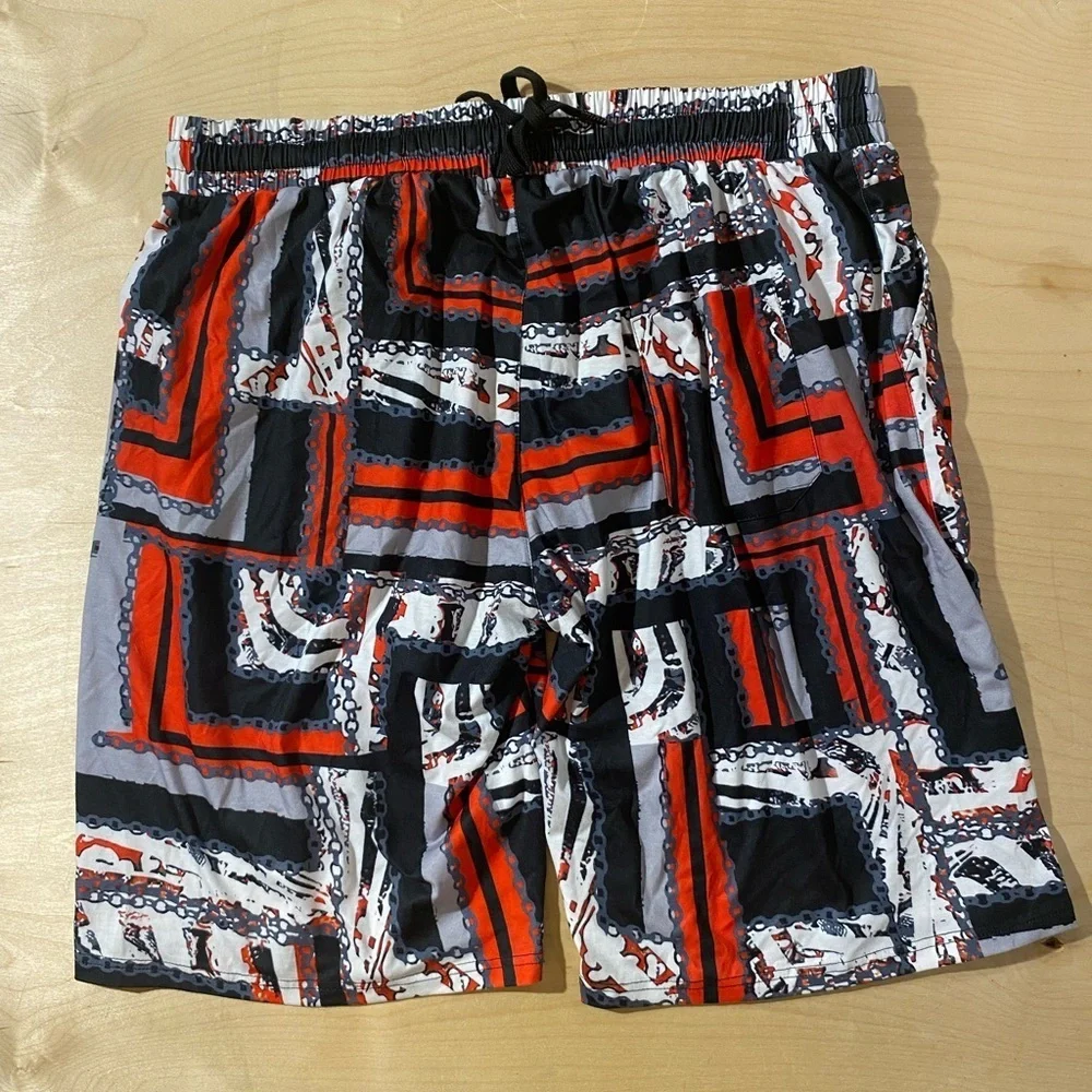 Stacy Adams Red, Black, and White Geometric Swim Shorts XXL (PE)